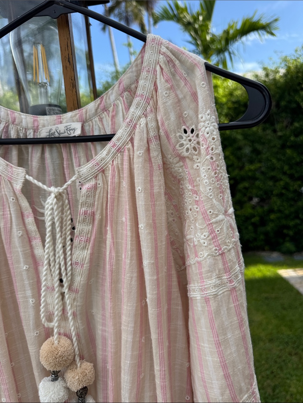 LoveShackFancy Isla Dress Pale Pink Embroidered Midi Pom Pom Tassels Slits Small - Picture 3 of 15